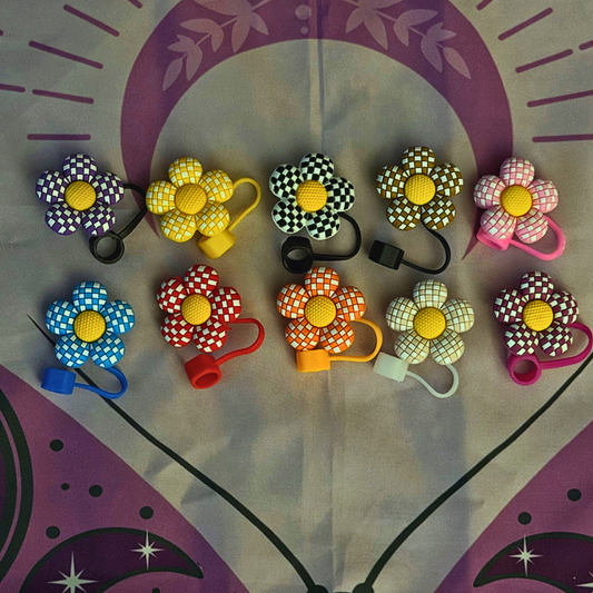 Gingham Flower Straw Toppers